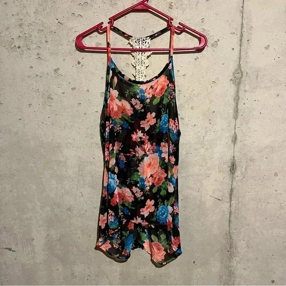 NOBLE U Floral Sheer Lace Back Racerback Tank Top Women’s Size Medium M - Picture 2 of 8